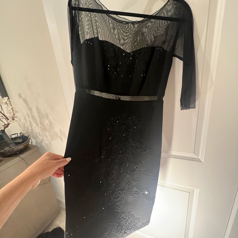 Alexia Admore Evening Dress cocktail length , mesh top and sleeve,black sparkles